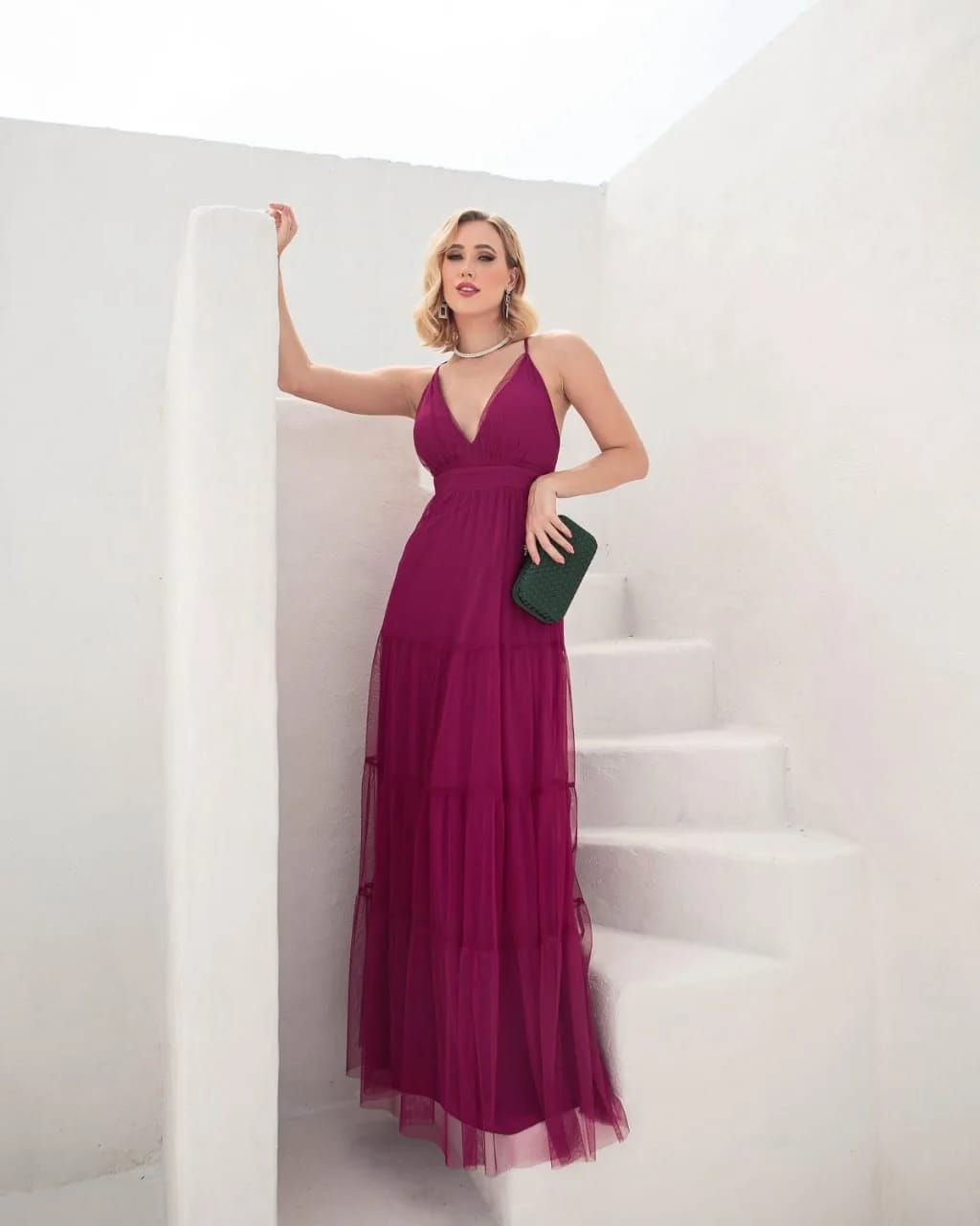 vestido de festa tule longo alça fucsia