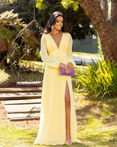 Vestido Amarelo Longo Com Fenda Vestido Longo De Casamento Cetim