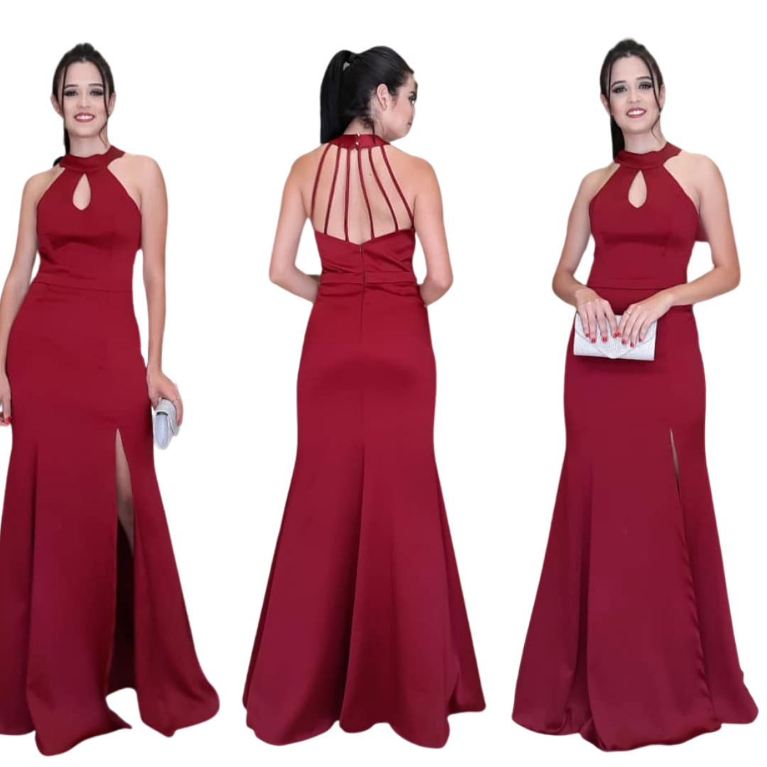 vestido longo fenda vermelho marsala