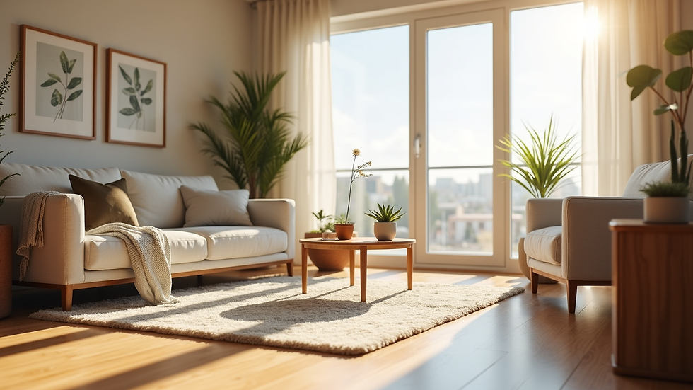 Eye-level view of a clean and organized living room with sunlight