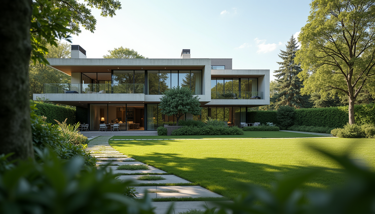 Eye-level view of a large, modern mansion with manicured gardens