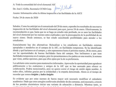 Información sobre la última inspección a las facilidades de la AICE