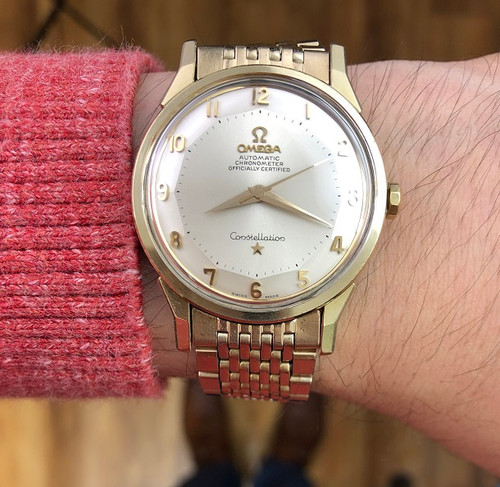 1962 Omega Constellation with Stunning Cross-Hair Pie Pan Model 14902 with Dog Legs on Flat Beads of Rice Bracelet