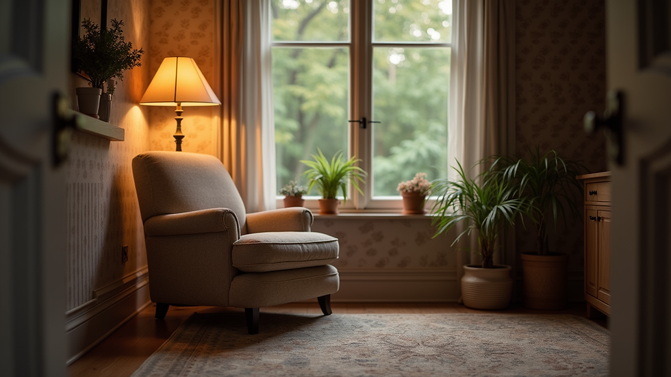 Eye-level view of a cozy reading nook with soft lighting and a comfortable chair