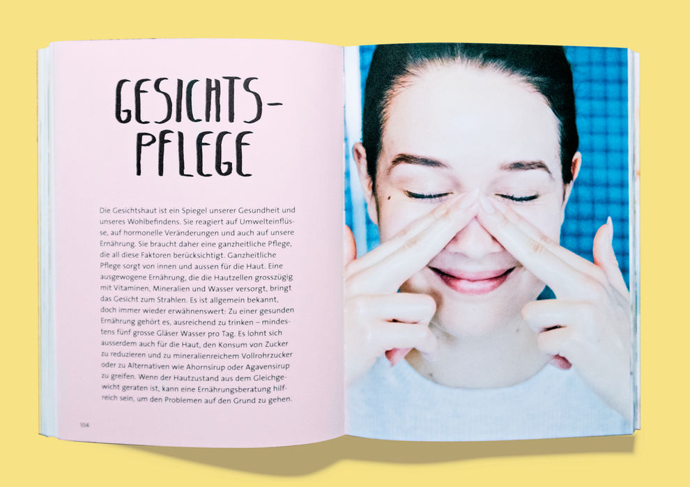 Buchgestaltung zum Thema Gesichtspflege mit Porträtfoto.