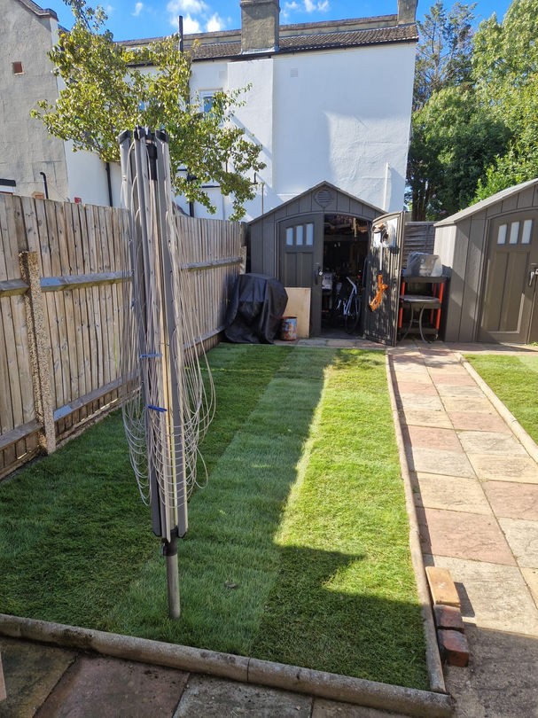 a backyard with a shed and a clothes line
