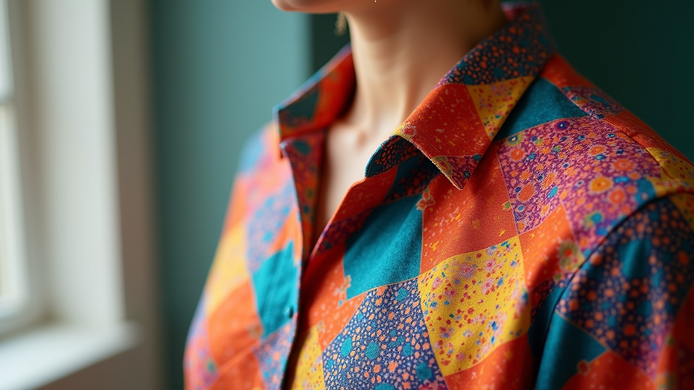 Close-up view of a vibrant art shirt with geometric colourful pattern