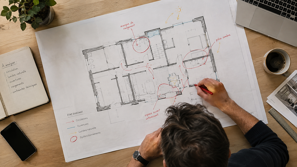 Plan architectural 2D d’un logement existant analysé par l’architecte, avec circulations, ouvertures, lumière et dysfonctionnements spatiaux