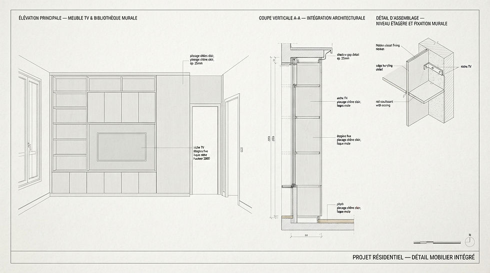 Dessin architectural d’un mobilier sur mesure intégré au mur avec élévation, coupe et détail constructif