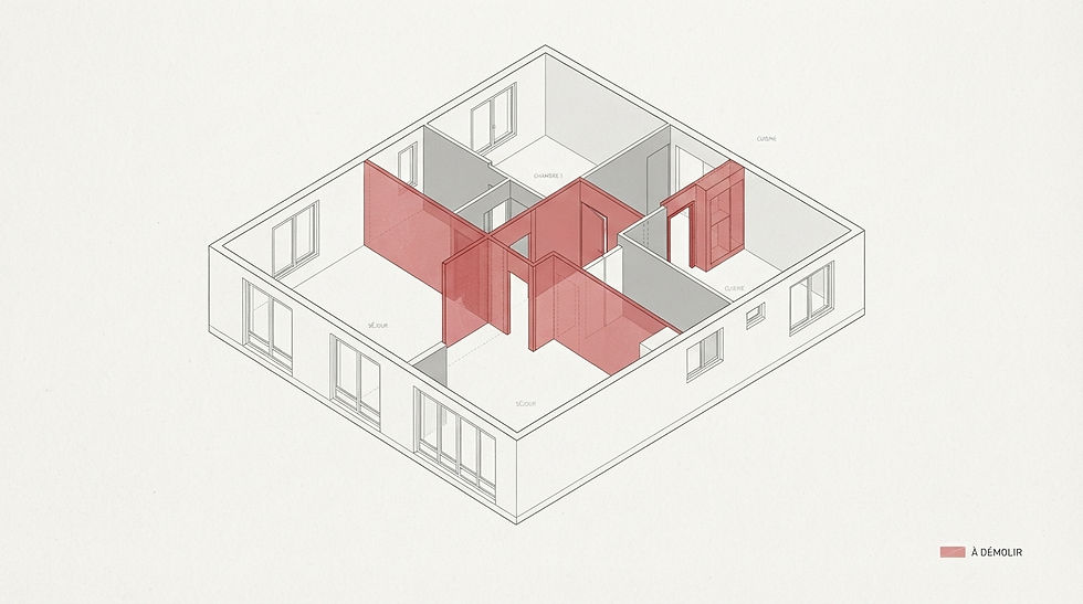 Axonométrie architecturale d’un logement existant mettant en évidence en rouge les cloisons à démolir