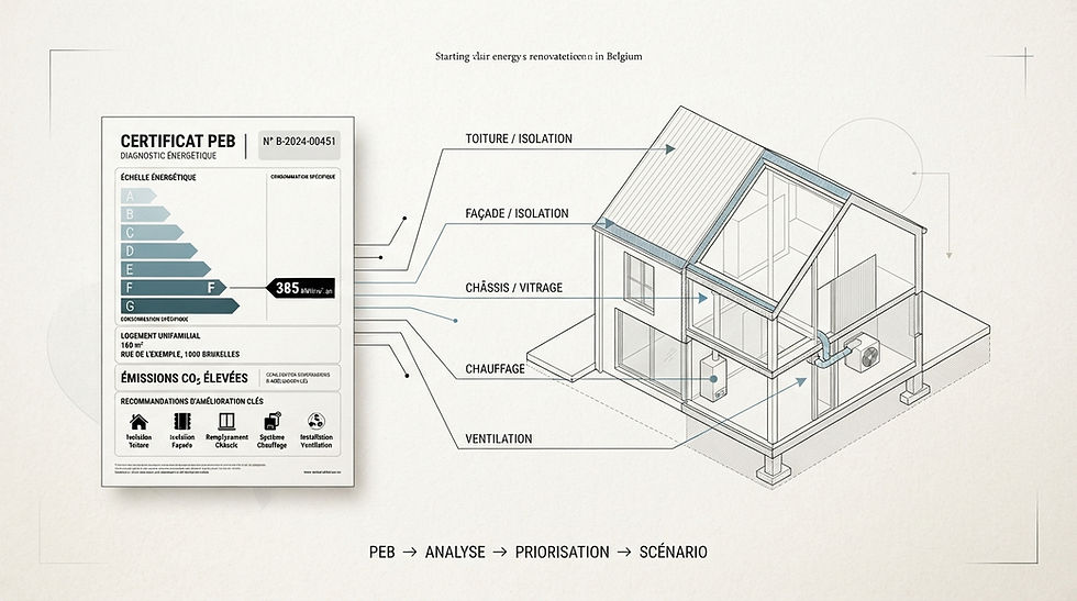 Le PEB identifie les leviers d’amélioration ; l’architecte les transforme en stratégie de rénovation.
