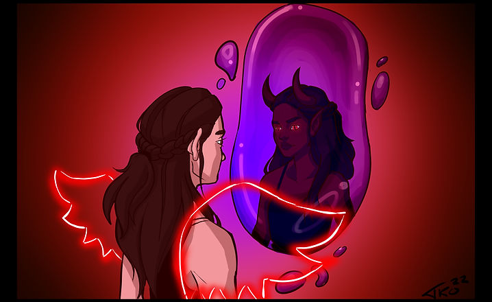 Girl looking in mirror with horns