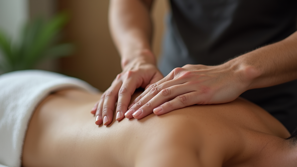 Close-up view of a massage therapist’s hands applying pressure on a man’s shoulder
