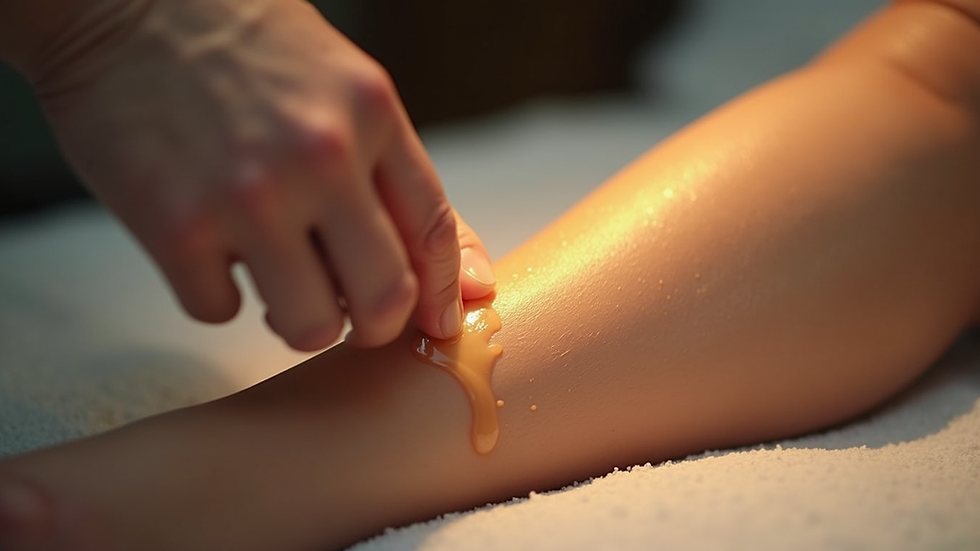 Close-up view of warm wax being applied on a leg