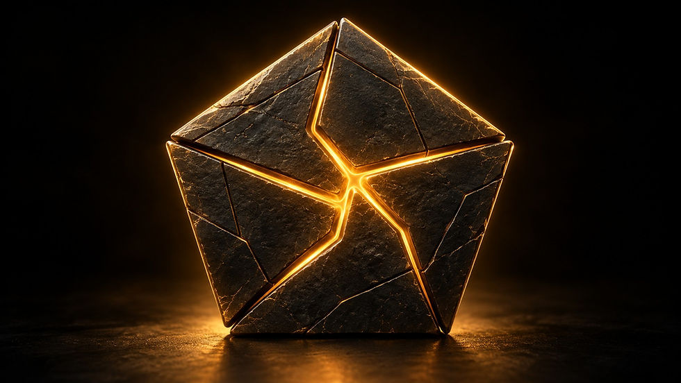 Five black stone blocks fitted into a pentagon with gold light in the seams, one block for each component of AI readiness