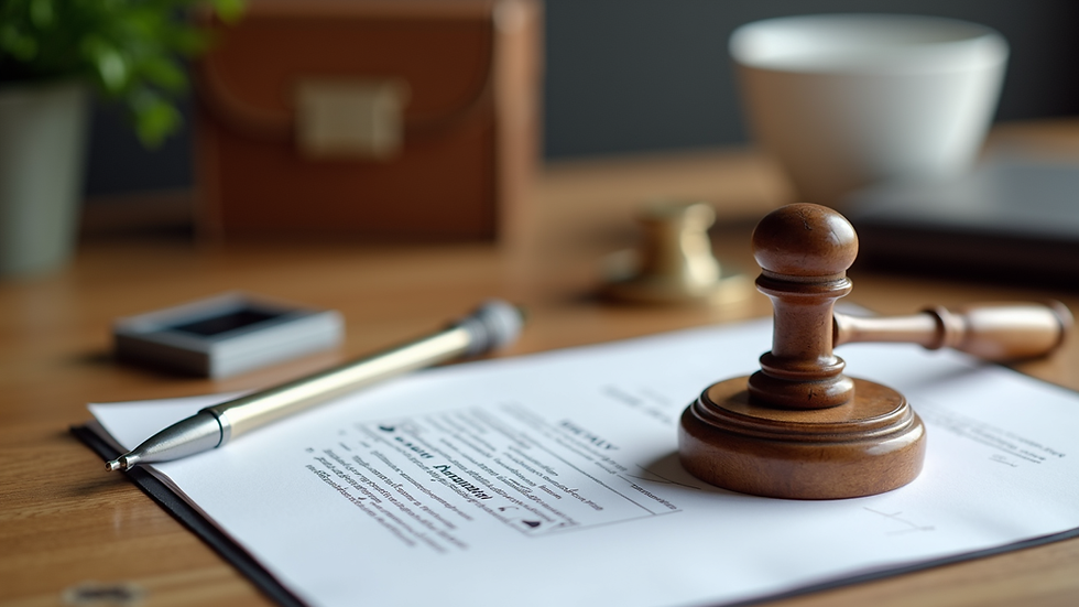 High angle view of a notary kit with stamp, ink pad, and documents on a wooden table