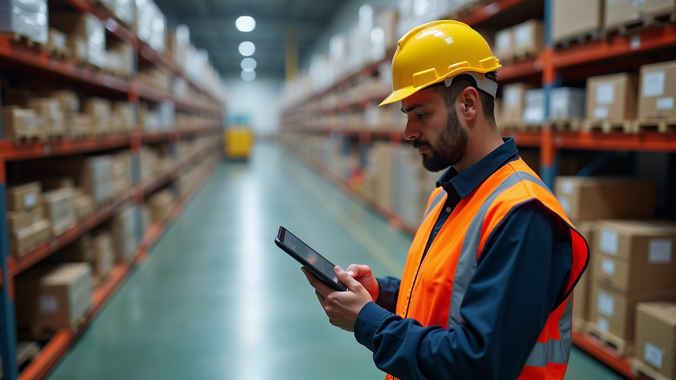 High angle view of a logistics worker using a tablet to track shipments