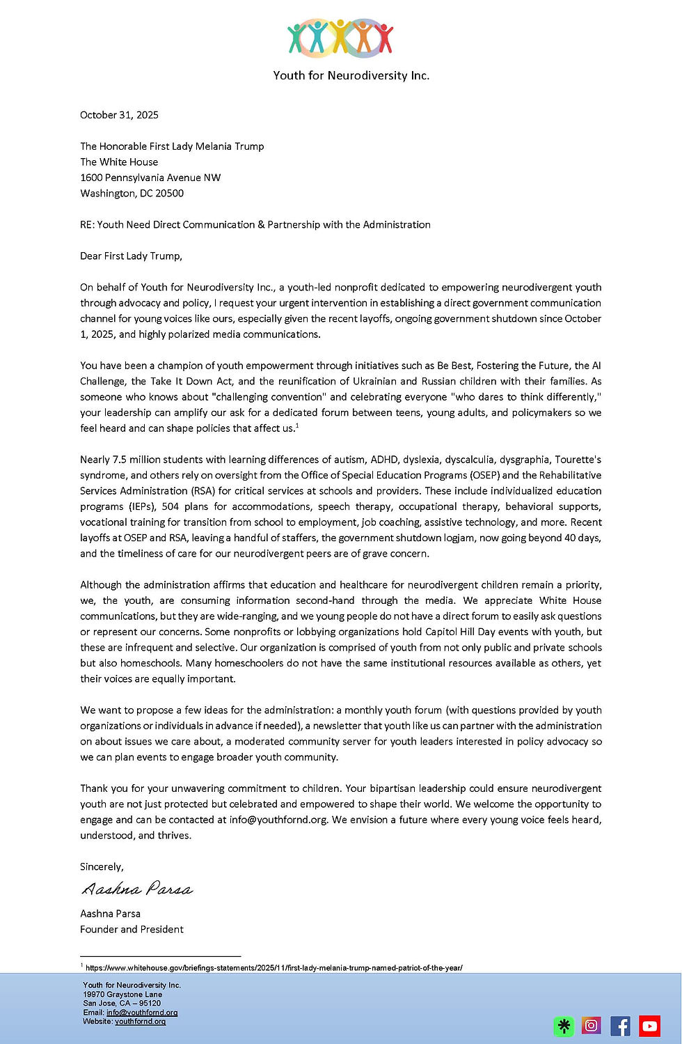 Letter to First Lady Melania Trump Regarding Direct Youth Communication - Aashna Parsa, Youth for Neurodiversity Inc