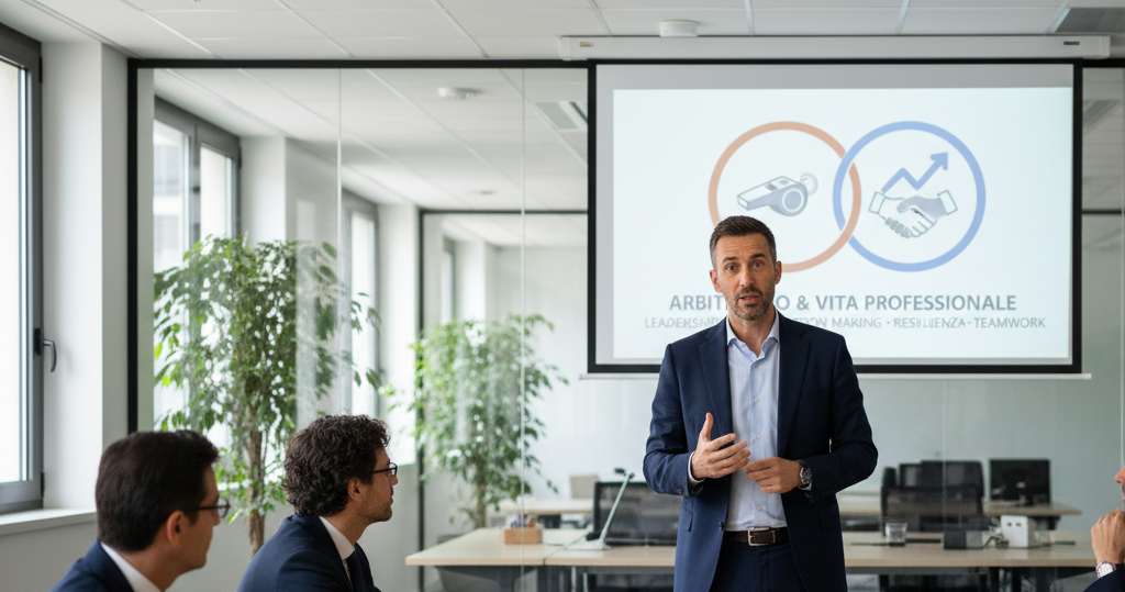 Eye-level view of a manager speaking confidently in a modern office