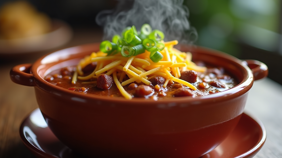 Close-up view of a steaming bowl of homemade chili topped with cheese and green onions