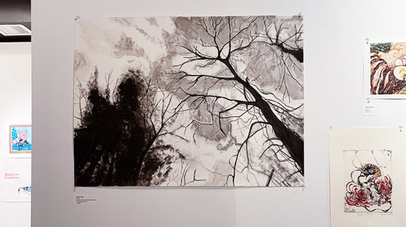 charcoal and ink, black and white drawing of branches and a tree