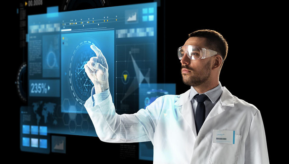 Radiologista analisando exame com apoio de inteligência artificial em estação de trabalho moderna