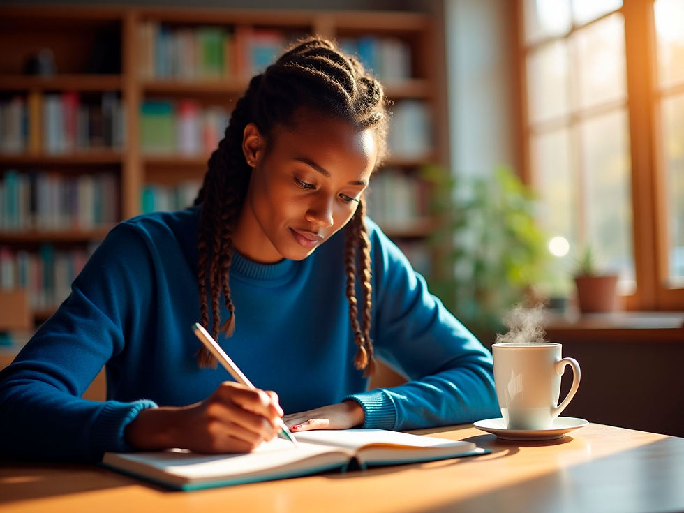 Jovem concentrada escrevendo à mão em um caderno, com uma xícara de café ao lado, em ambiente iluminado e tranquilo. Representa o estudo ativo e o foco no aprendizado verdadeiro.
