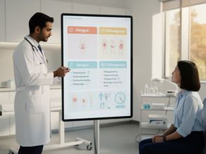 Médico explicando a diferença entre dengue e chikungunya e seus sinais de alerta para um paciente