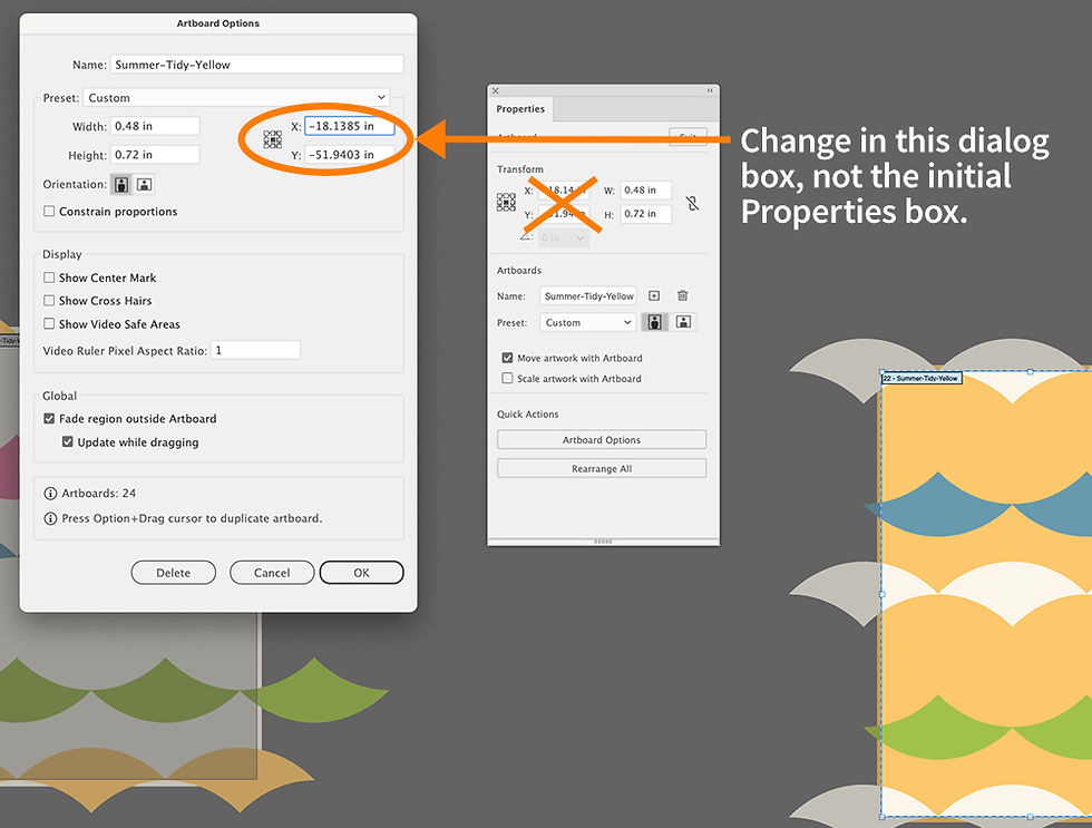 Close up of Illustrator pattern swatch and dialog box.