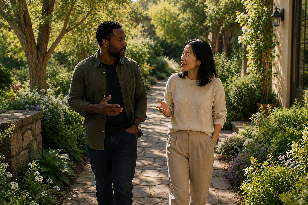 Two colleagues discuss operational ai enablement outdoors.