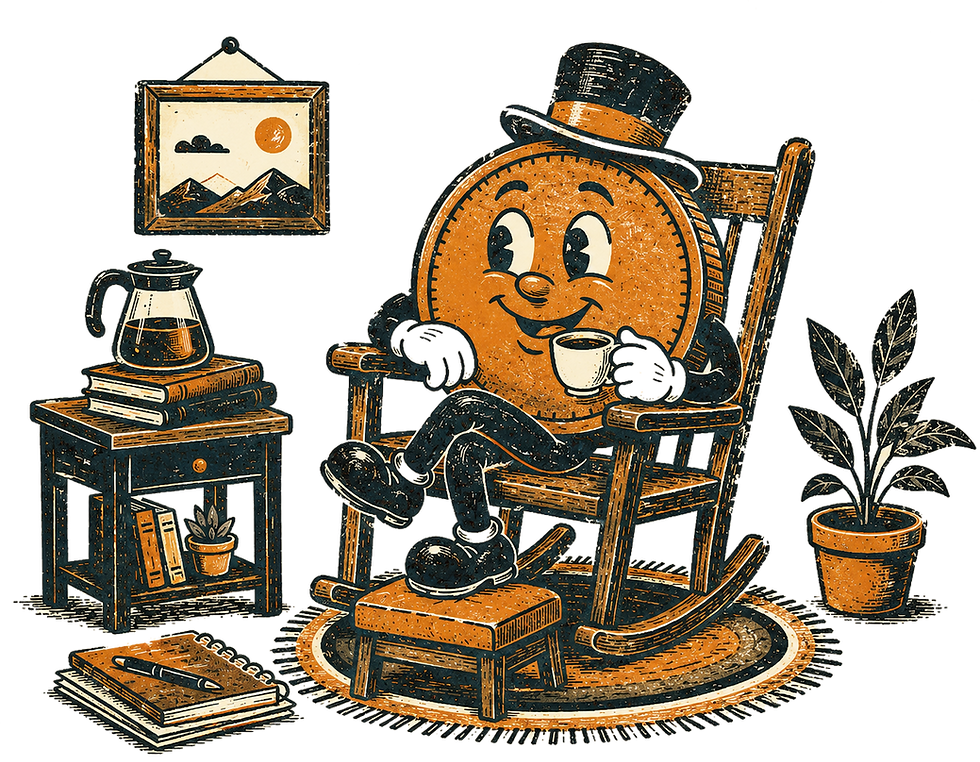 Cartoon coin character in rocking chair for operational ai enablement