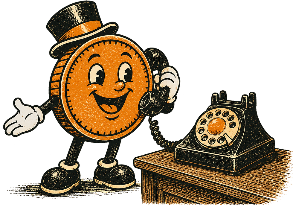 Vintage coin character on a rotary phone for operational AI frameworks