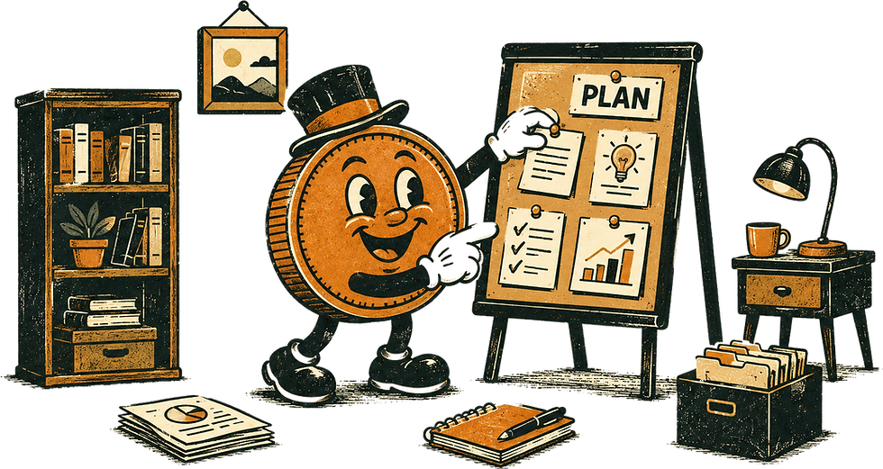 Cartoon coin in a top hat pointing to a plan board for operational AI enablement.