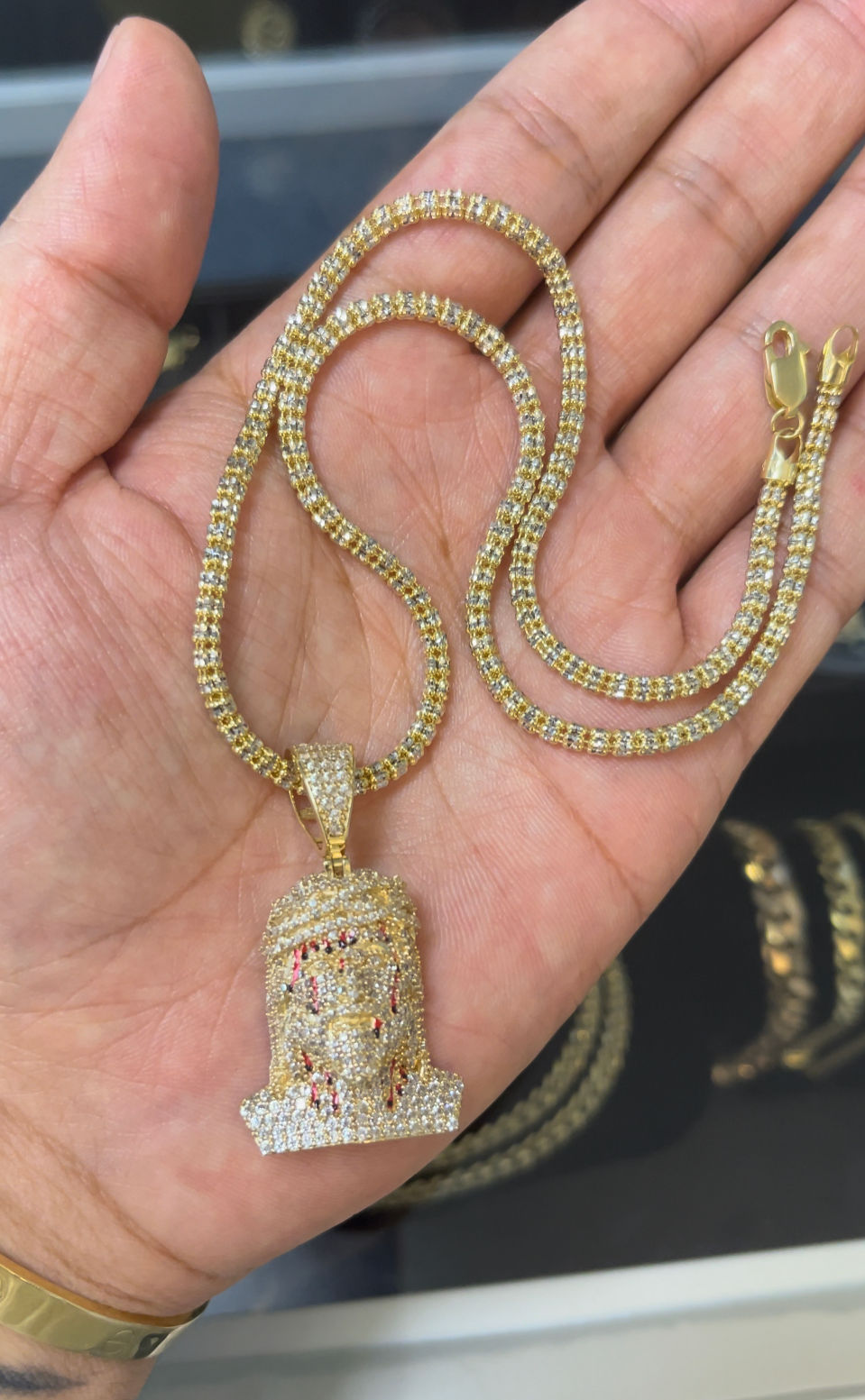 Moon Ice Chain + Dripping Jesus Pendant" 14KT *JJB*