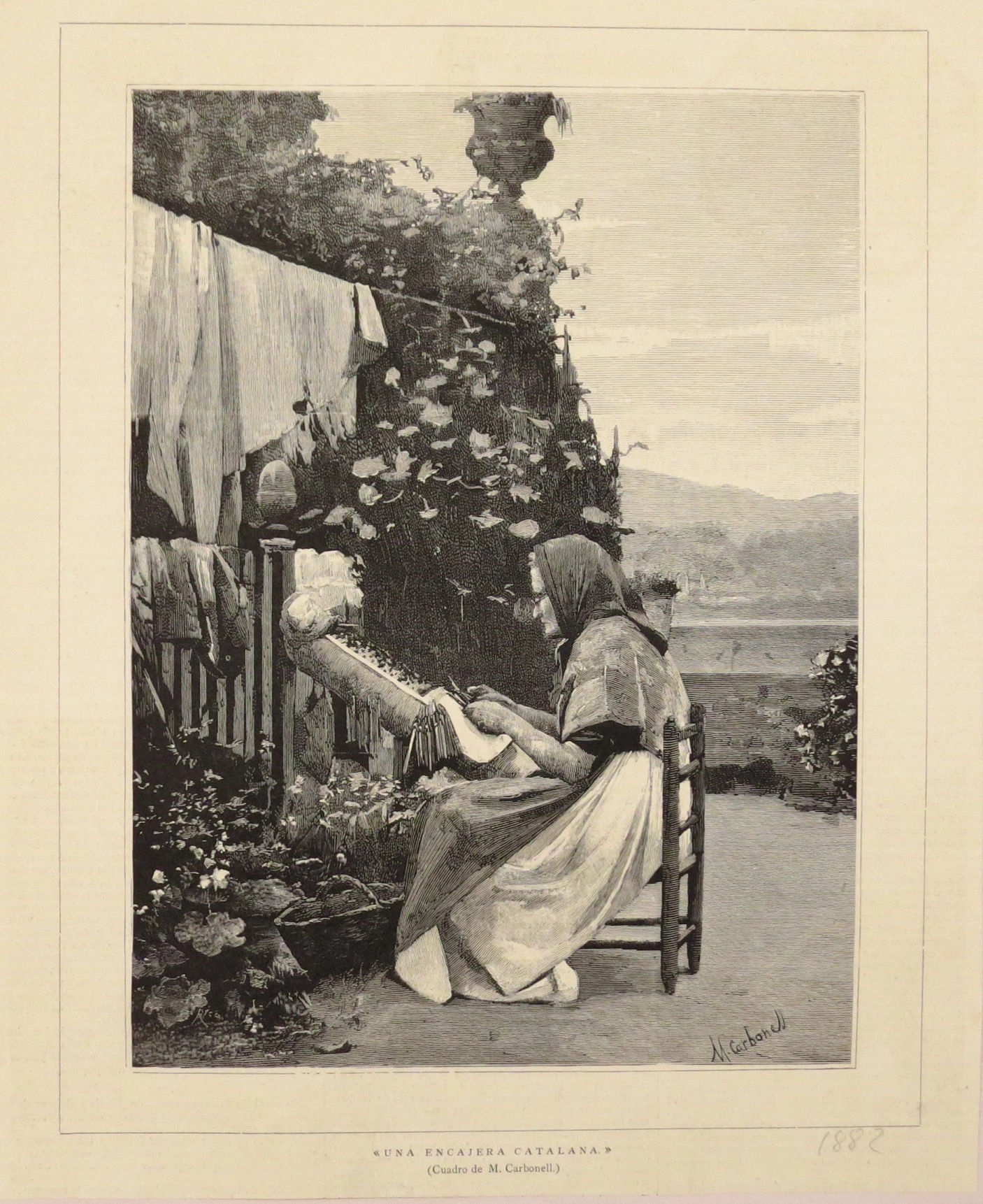 Une dentellière catalane - Tableau de M. Carbonell