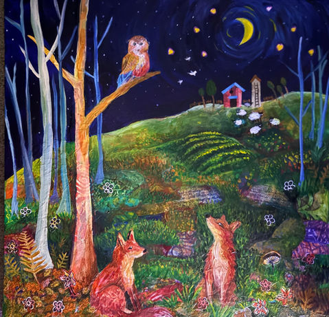 Mix media painting of farm in the distance with sheep and in the forefront are two foxes gazing at an owl.