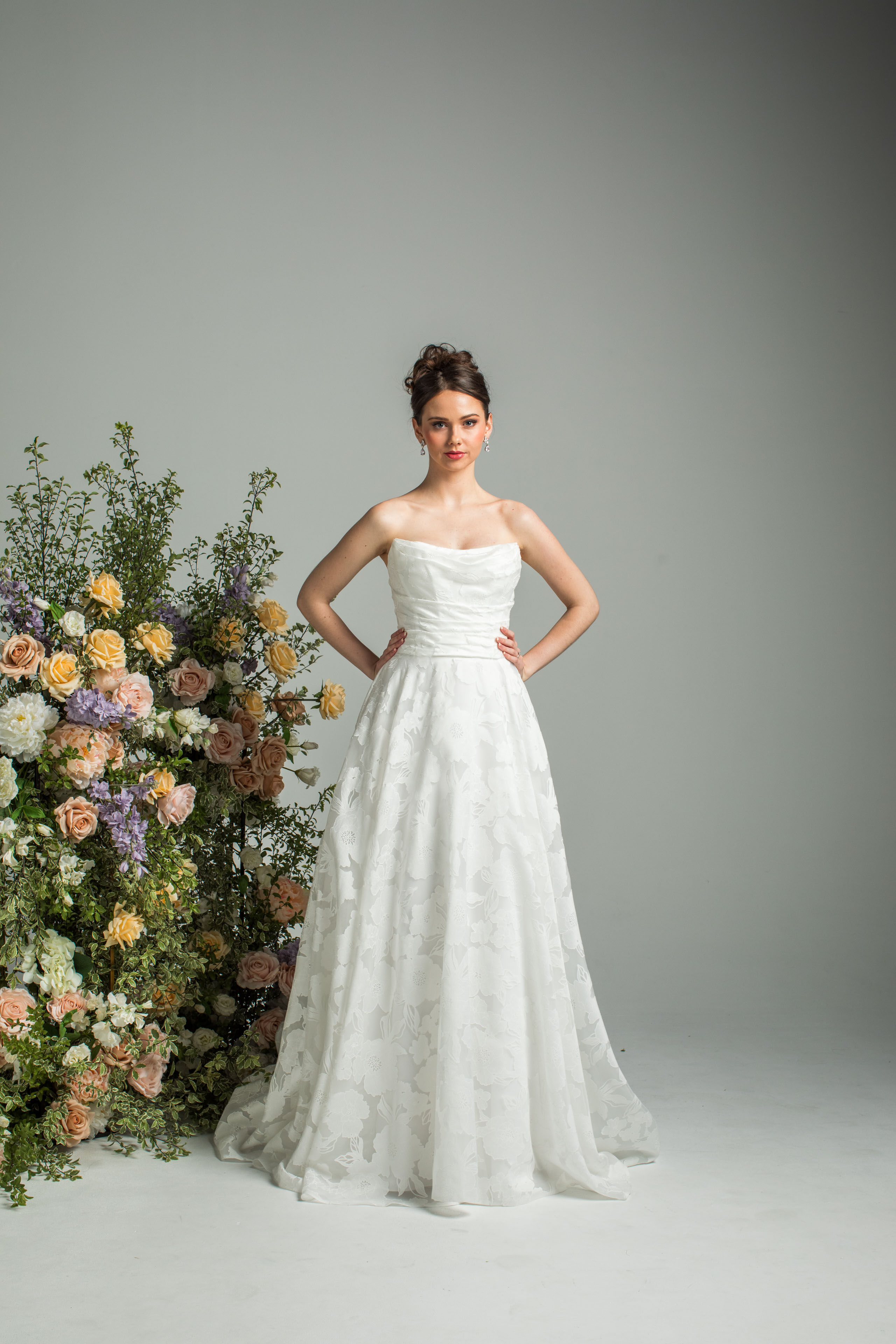 'always' J221 by Jean Fox, a-line gown with soft scoop neckline and laser-cut lace draped bodice, front view