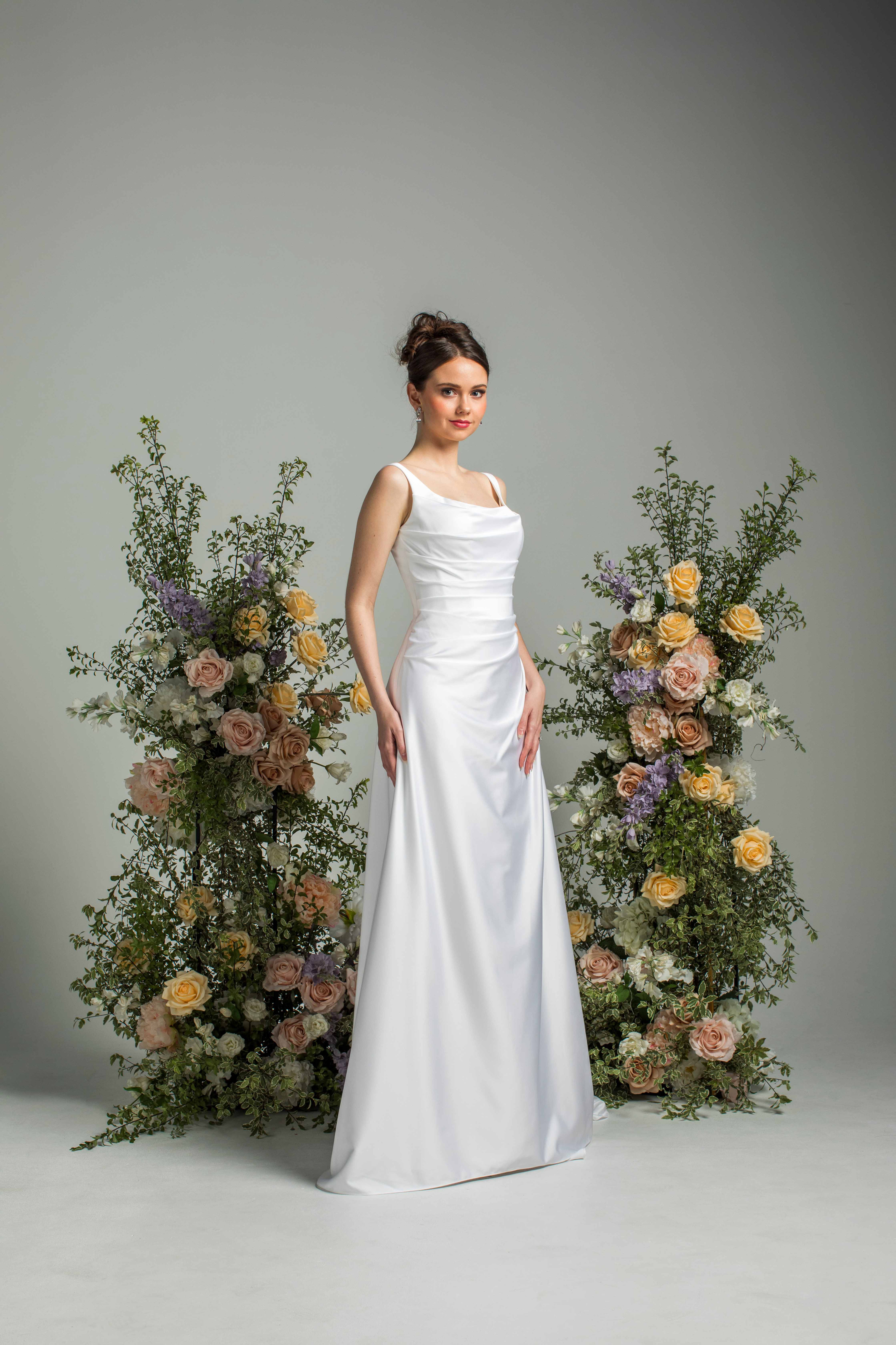 'just the way you are' J227 by Jean Fox, satin gown with draped bodice and square scoop neckline, front view