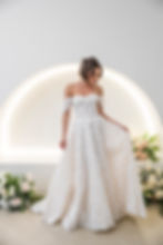 Front view: Jean Fox by the lake J177 A-line wedding dress with laser-cut organza lace and exposed boning