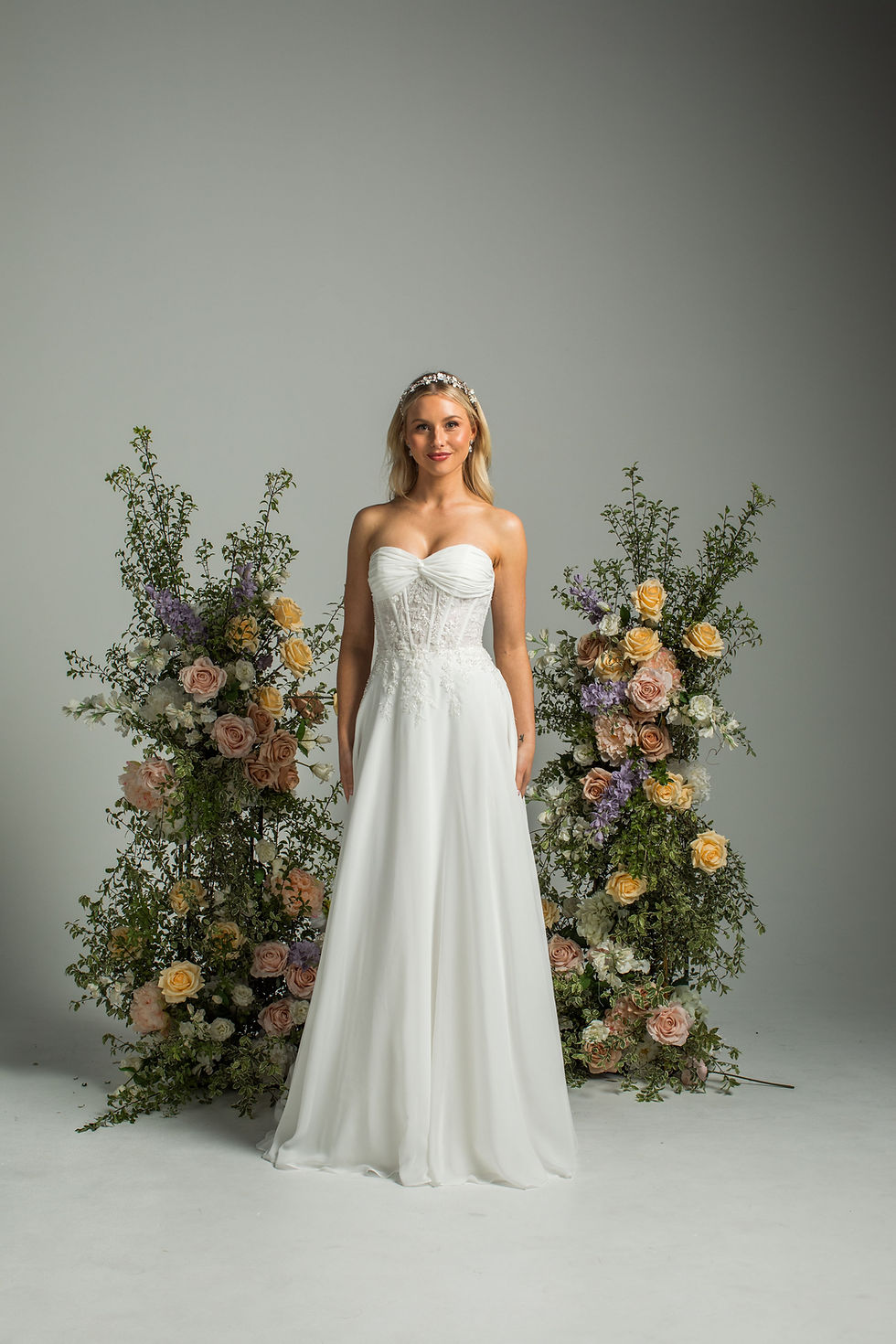 Thumbnail: 'make believe' PF503 by Purple Fox, soft chiffon satin A-line gown with sweetheart neckline and beaded lace bodice, front vie