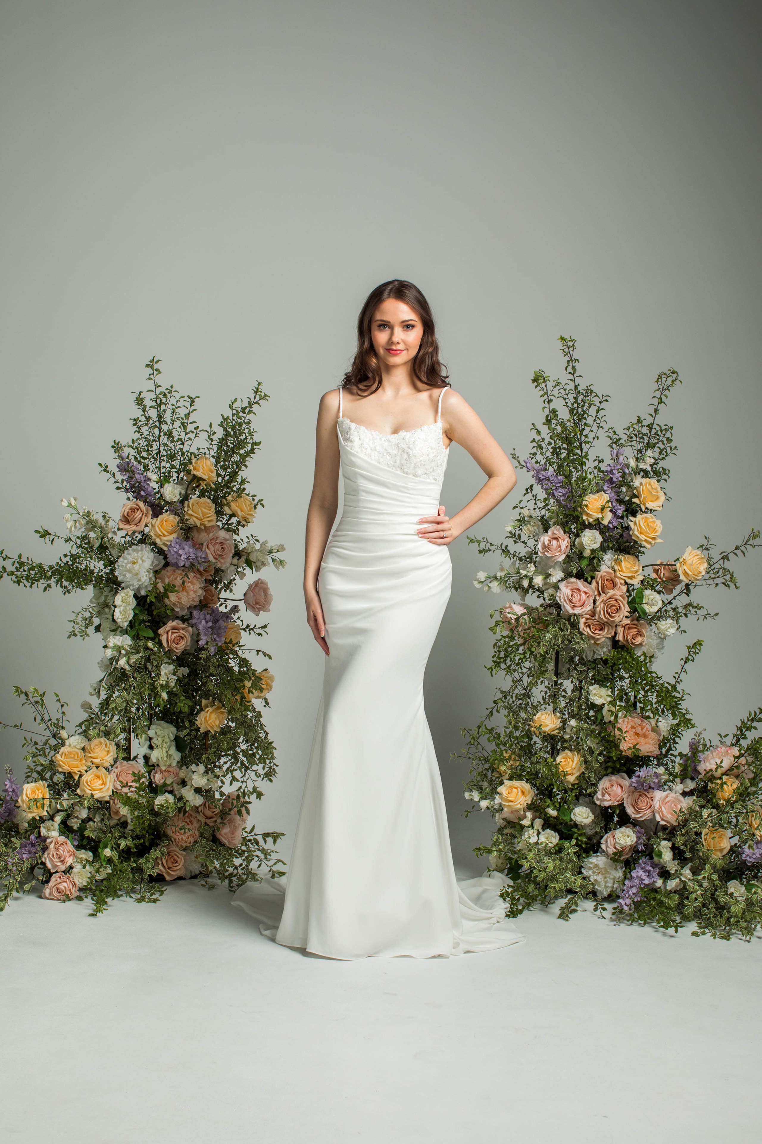 'Vienna Waits' J208 by Jean Fox, fitted crepe gown with pleated bodice and beaded lace, front view