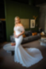 Front view of the ‘Waiting So Long’ gown by Jean Fox with straight neckline, deep V-insert, and 3D lace straps