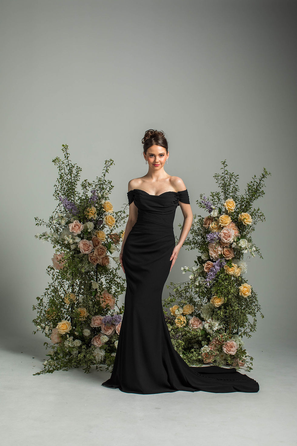 'shades of grey' J222 by Jean Fox, fitted crepe gown with pleated bust and boning detail, front view