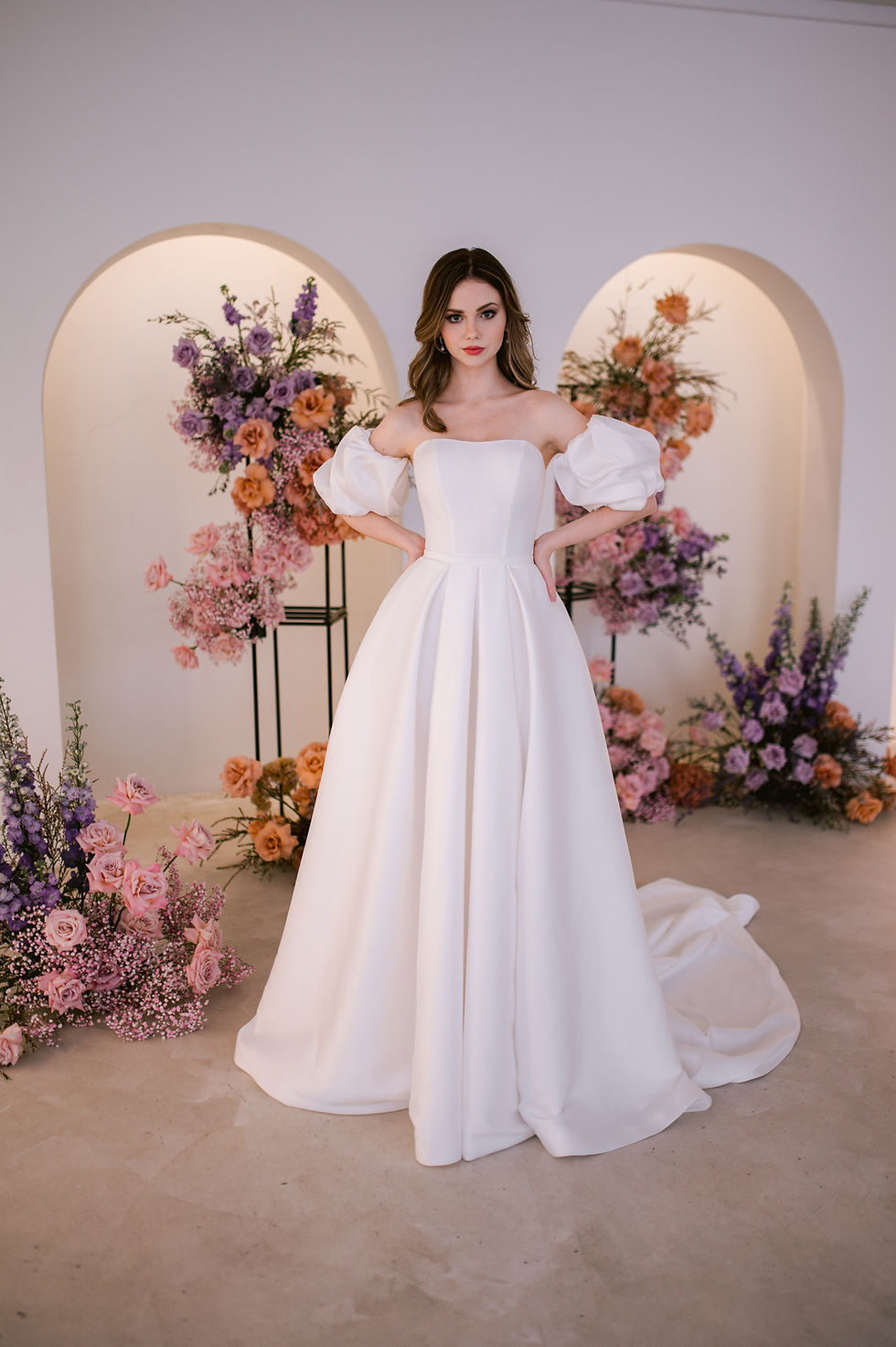 Thumbnail: 'coming true' J184 by Jean Fox, strapless Mikado gown with box pleats and button detailing, front view