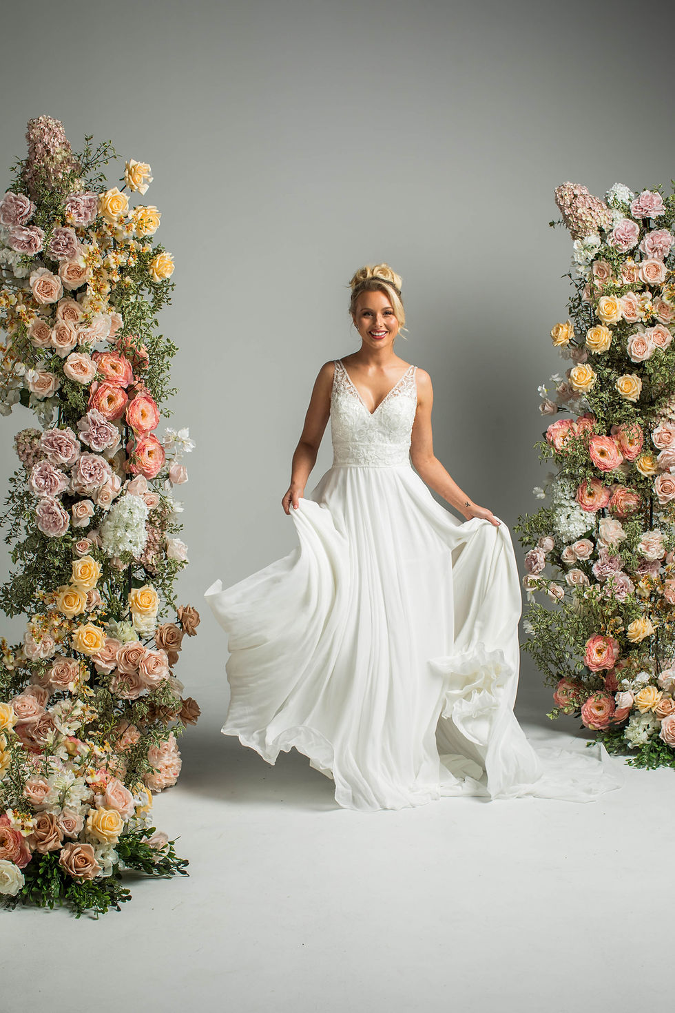 'closer than this' PF504 by Purple Fox, A-line chiffon gown with V-neckline and split skirt, front view