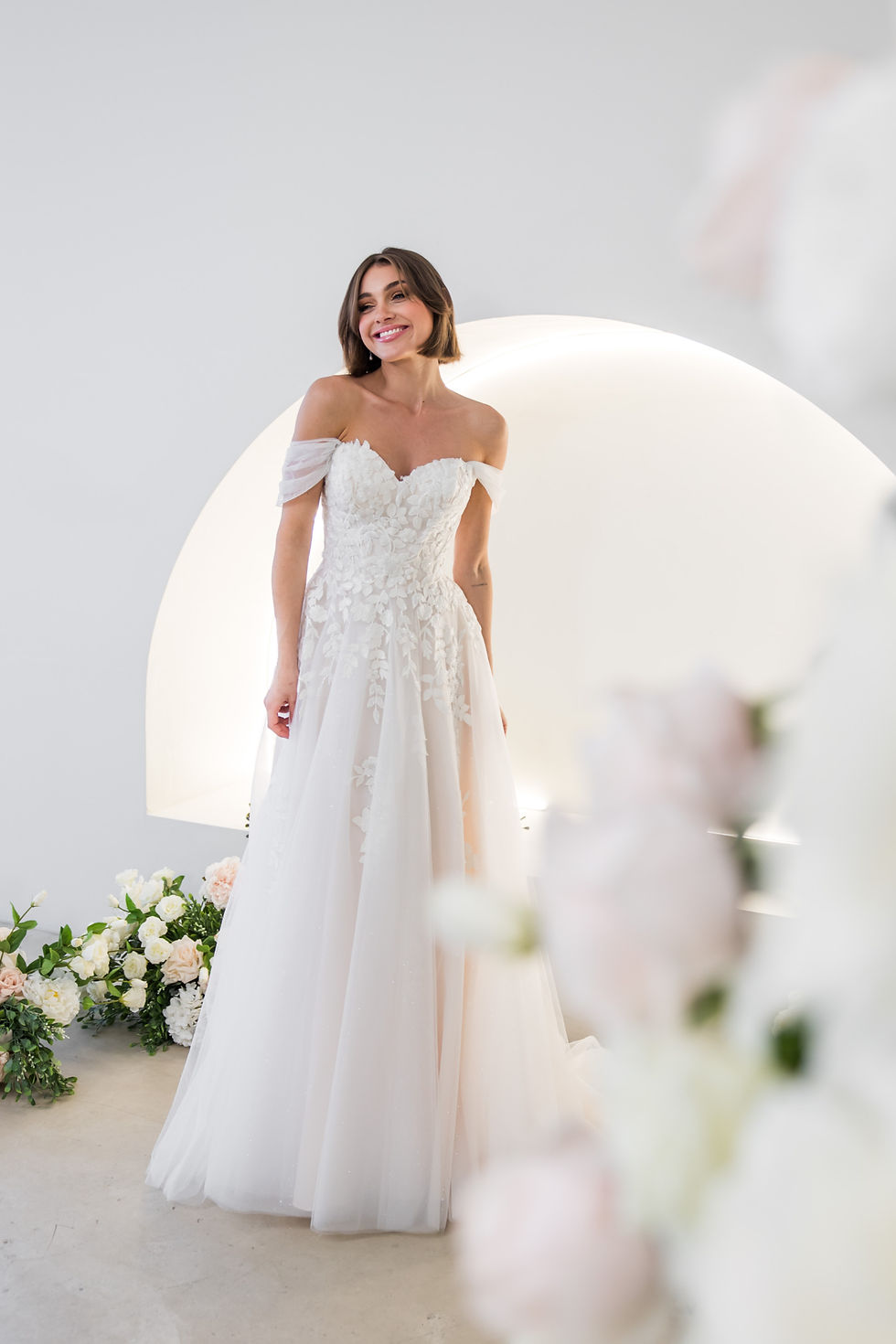 Front view: ‘magic moment’ PF449 by Purple Fox A-line gown with sweetheart neckline, beaded lace bodice, and tulle skirt