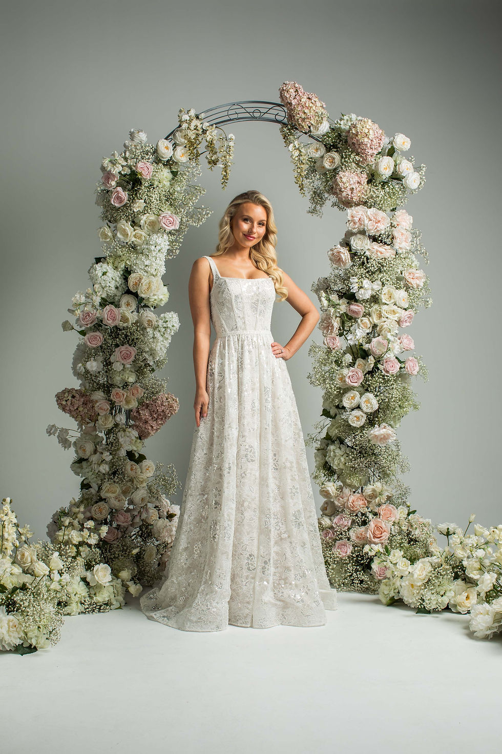 Front: 'temptation' PF484 by Purple Fox, square neckline and beaded lace bodice, front view