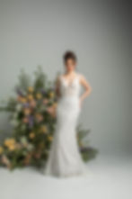 'tomorrow' PF500 by Purple Fox, fitted V-neck gown with geometric beaded lace, front view