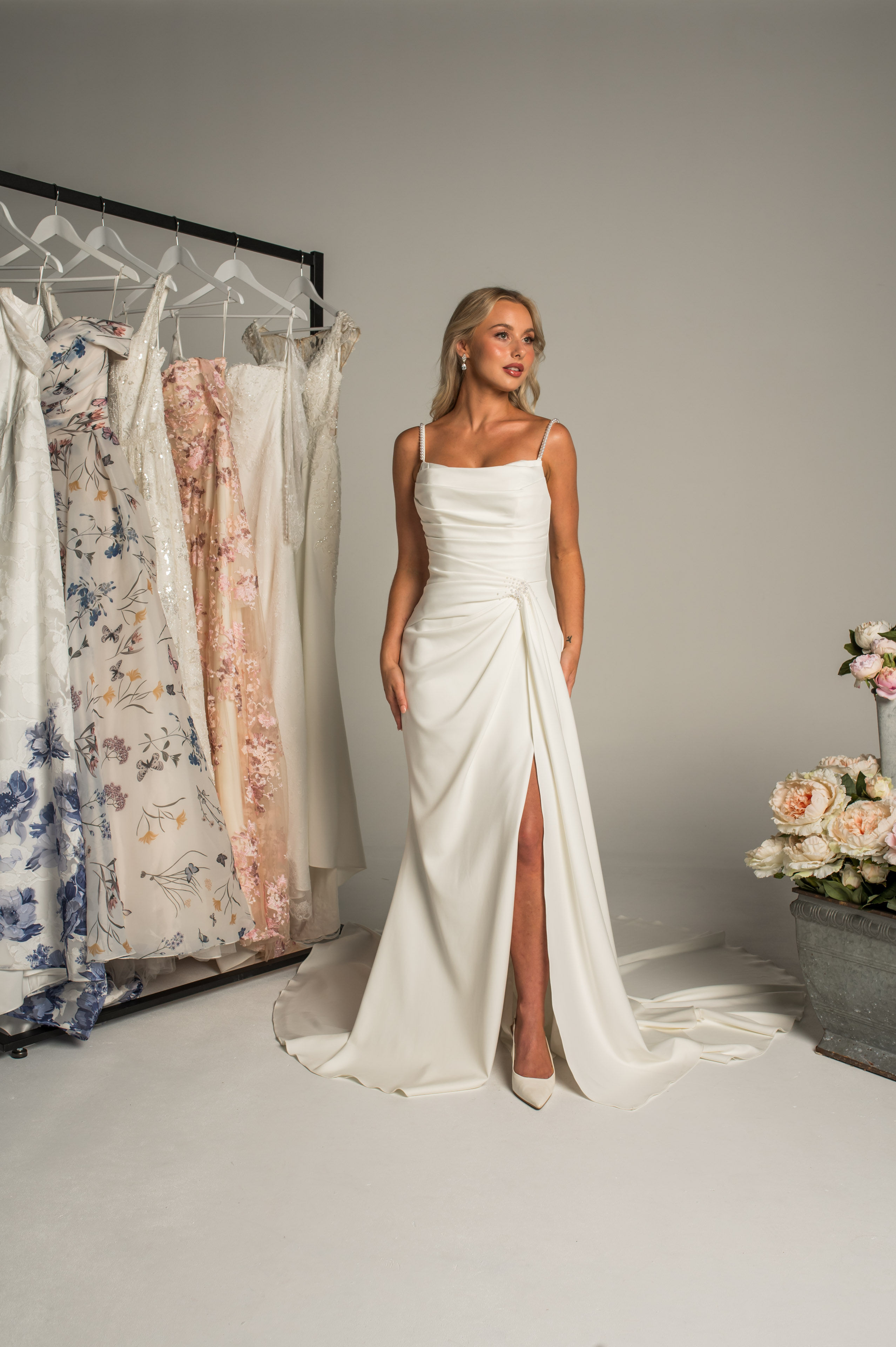 front view Luminous Times PF508 fitted gown with scoop neckline, pearl straps and draped bodice
