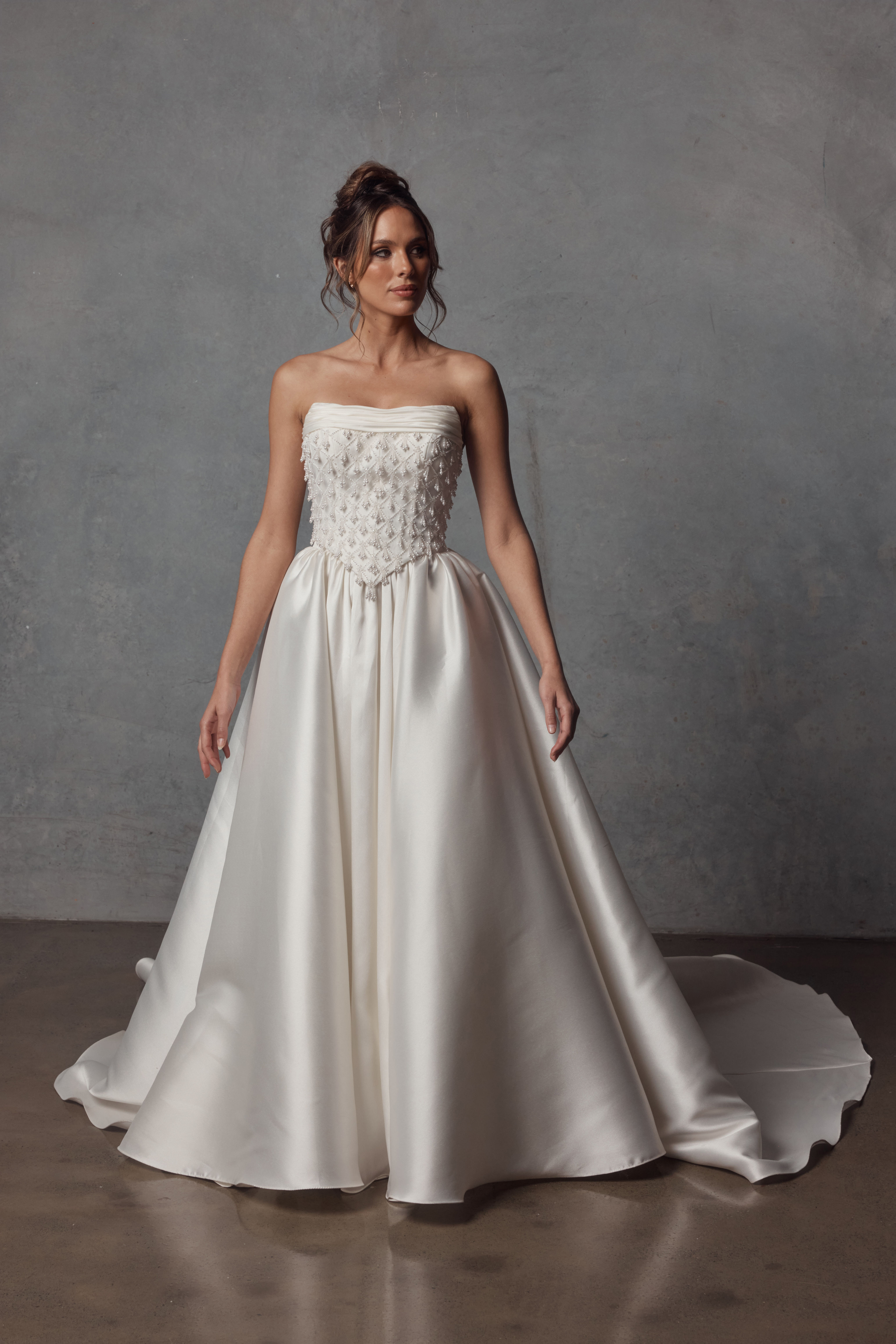Styled look of ‘Evie Skirt’ paired with ‘Evie Bodice’ for a dramatic two-piece bridal ensemble